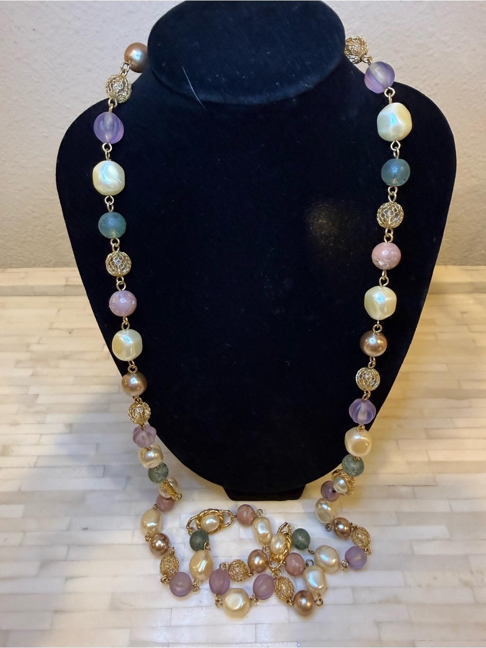 Liz Claiborne Gold-Tone Necklace with Cream, Pink, Purple & Green Beads